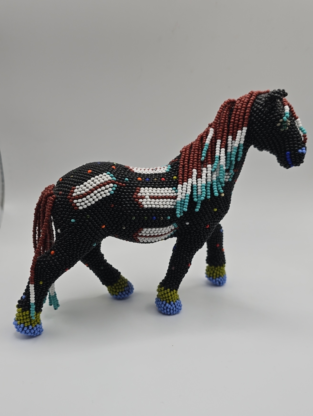 Handmade Black Beaded Horse Figurine with Multicolor Accents